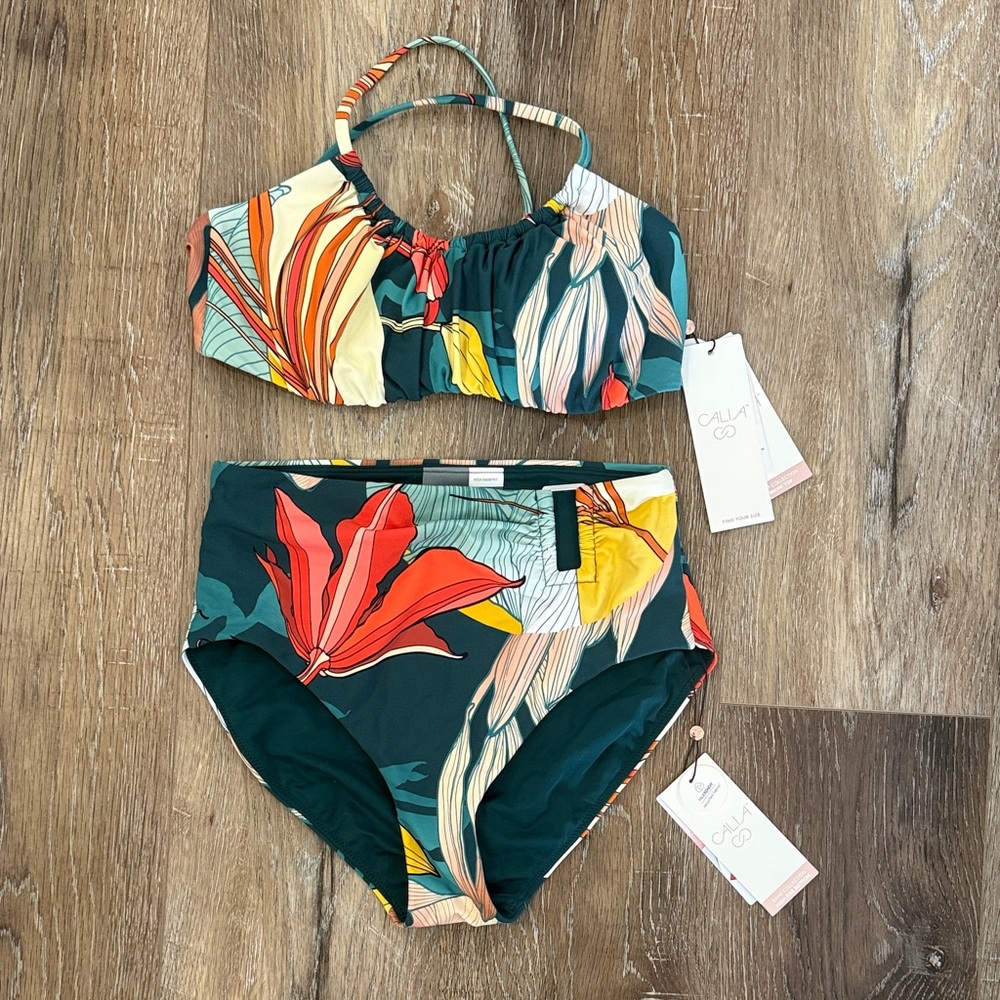 ❤️💚Calia Green Tropical Floral High-Waist Bikini Set Womens Sm/Xs